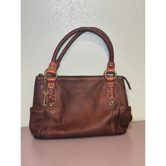 Women's Fossil Brown Leather Satchel Handbag Braided Handle Tan Stitching OS - Picture 1 of 11